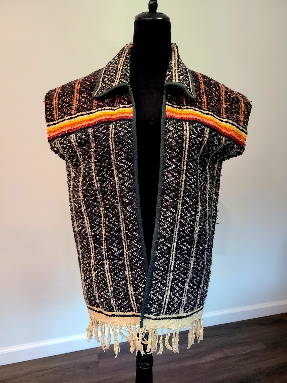 Vintage 60s Mexican Blanket Vest - Hand Woven With Fringe And Sunset Stripe